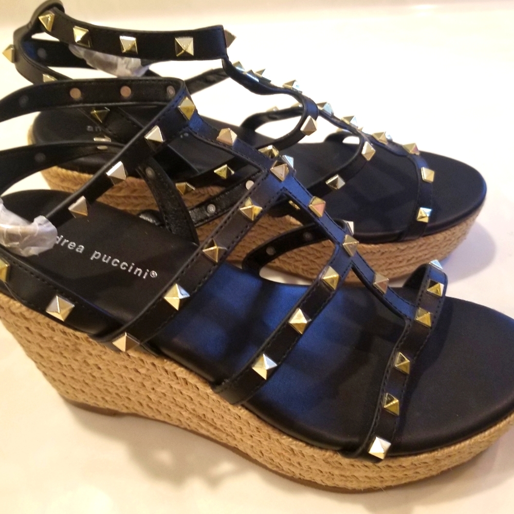 Black Wedge With Gold Rivets Sandals Sz 37